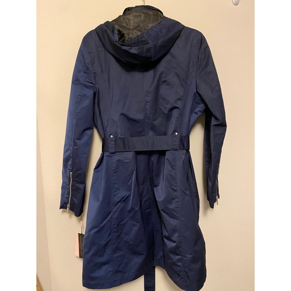 Avec Les Filles Navy Blue Water Resistant Hooded Trench Coat Belted Size Large - Picture 7 of 7